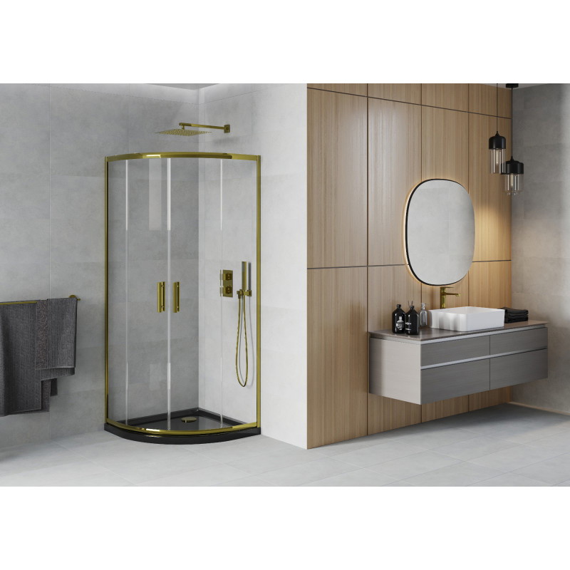Mexen Rio Halbrunde Duschkabine 90 x 90 cm, transparent, gold + Duschwanne Flat, schwarz - 863-090-090-50-00-4170G