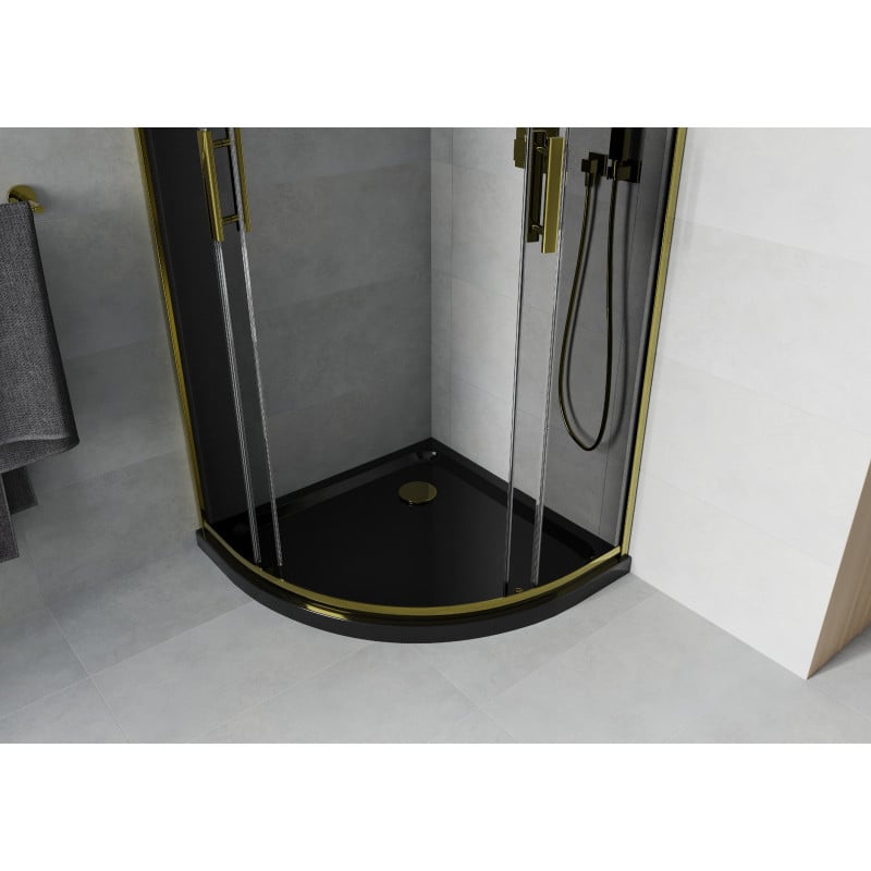 Mexen Rio Duschkabine halbrund 80 x 80 cm, Graphit, Gold + Duschwanne Flat, Schwarz - 863-080-080-50-40-4170G