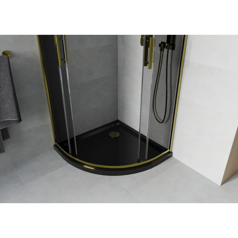 Mexen Rio halbrunde Duschkabine 80 x 80 cm, Graphit, Gold + Flat Duschwanne, Schwarz - 863-080-080-50-40-4170G