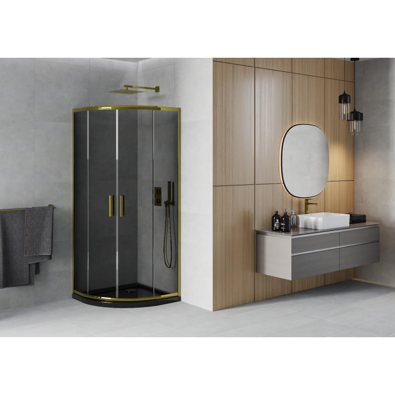 Mexen Rio Duschkabine halbrund 80 x 80 cm, Graphit, Gold + Duschwanne Flat, Schwarz - 863-080-080-50-40-4170G