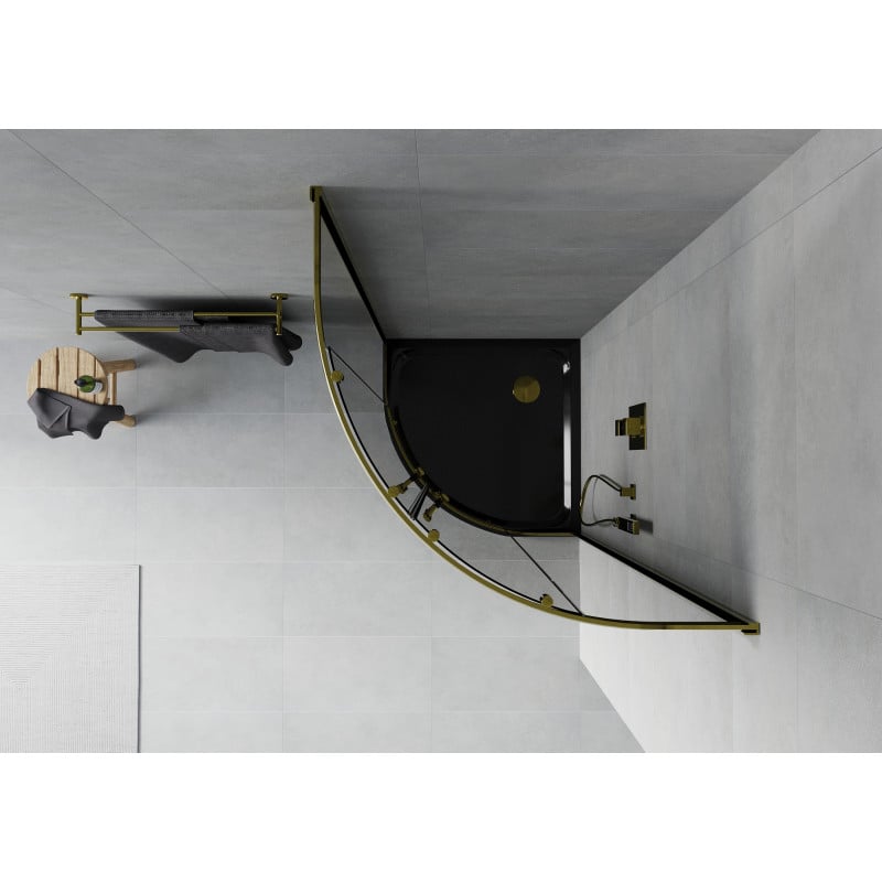 Mexen Rio Duschkabine Halbkreis 90 x 90 cm, Graphit, Gold + Flat Duschwanne, Schwarz - 863-090-090-50-40-4170G