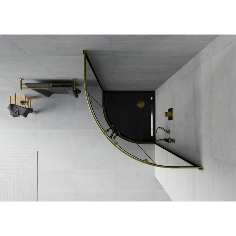 Mexen Rio Halbrunde Duschkabine 90 x 90 cm, Grafit, Gold + Flat Duschwanne, Schwarz - 863-090-090-50-40-4170G