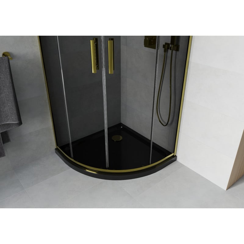 Mexen Rio Duschkabine Halbkreis 90 x 90 cm, Graphit, Gold + Flat Duschwanne, Schwarz - 863-090-090-50-40-4170G