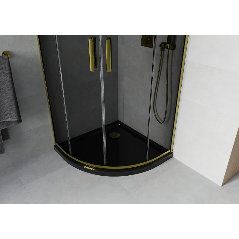 Mexen Rio Halbrunde Duschkabine 90 x 90 cm, Grafit, Gold + Flat Duschwanne, Schwarz - 863-090-090-50-40-4170G