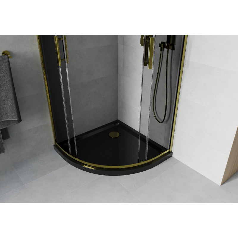 Mexen Rio Halbrunde Duschkabine 90 x 90 cm, Grafit, Gold + Flat Duschwanne, Schwarz - 863-090-090-50-40-4170G