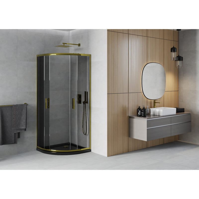 Mexen Rio Duschkabine Halbkreis 90 x 90 cm, Graphit, Gold + Flat Duschwanne, Schwarz - 863-090-090-50-40-4170G