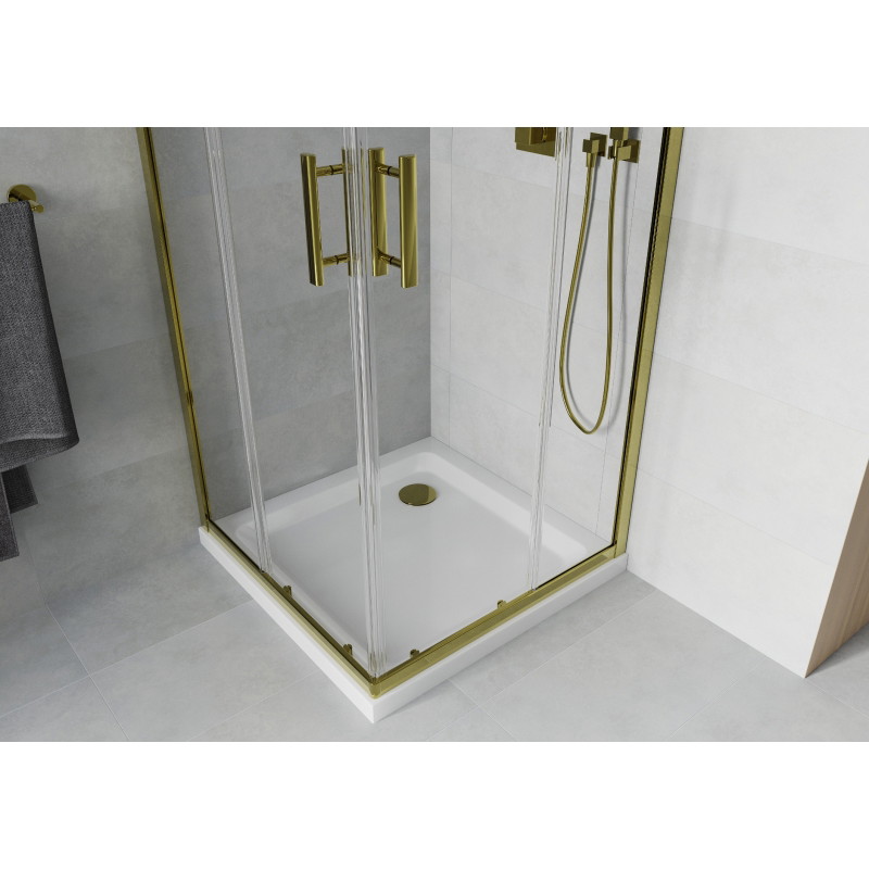 Mexen Rio quadratische Duschkabine 80 x 80 cm, transparent, gold + Duschwanne Flat, weiß - 860-080-080-50-00-4010G
