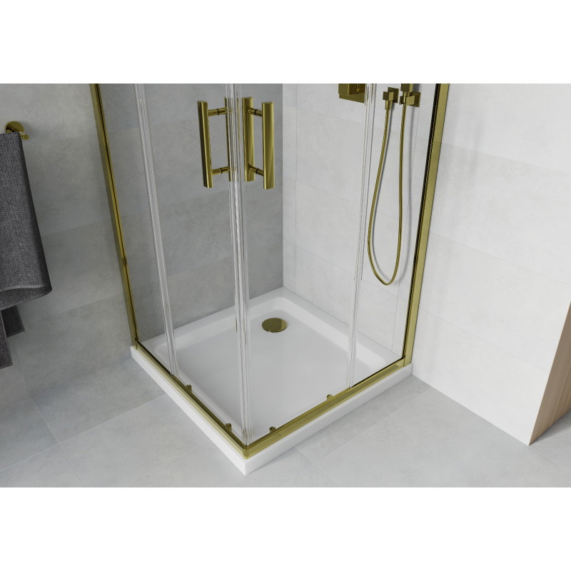 Mexen Rio quadratische Duschkabine 90 x 90 cm, transparent, Gold + Flache Duschwanne, Weiß - 860-090-090-50-00-4010G