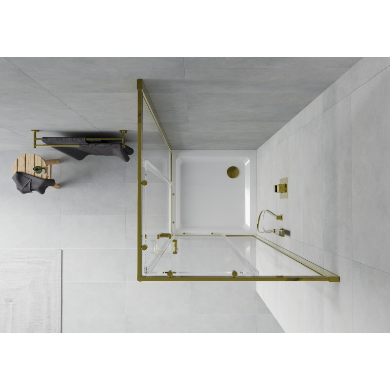 Mexen Rio quadratische Duschkabine 90 x 90 cm, transparent, Gold + Flache Duschwanne, Weiß - 860-090-090-50-00-4010G