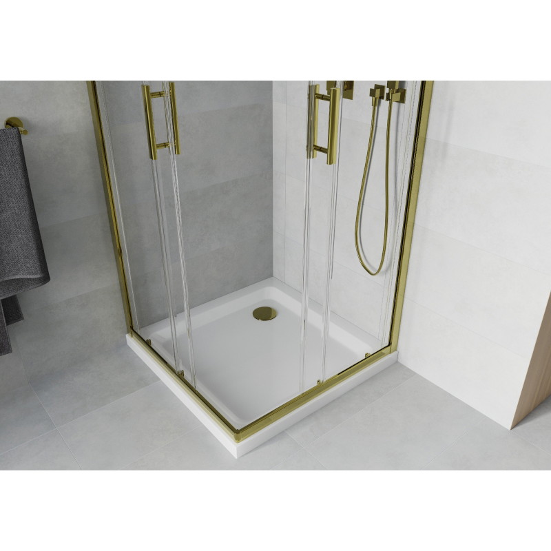 Mexen Rio Quadratische Duschkabine 90 x 90 cm, transparent, gold + Flat Duschwanne, weiß - 860-090-090-50-00-4010G