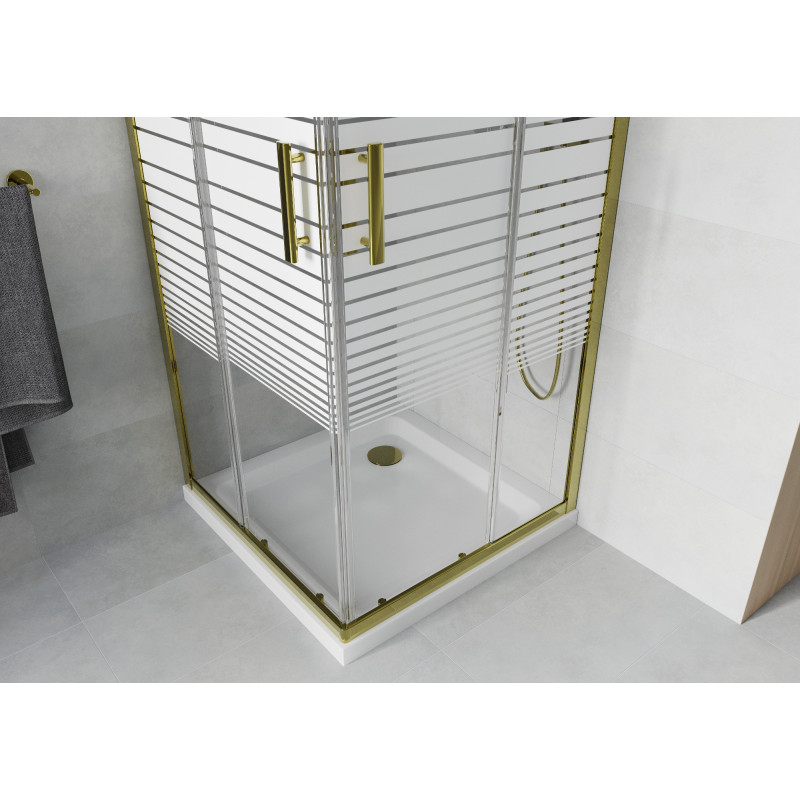 Mexen Rio quadratische Duschkabine 70 x 70 cm, weiße Streifen, Gold + Duschwanne Flat, weiß - 860-070-070-50-20-4010G