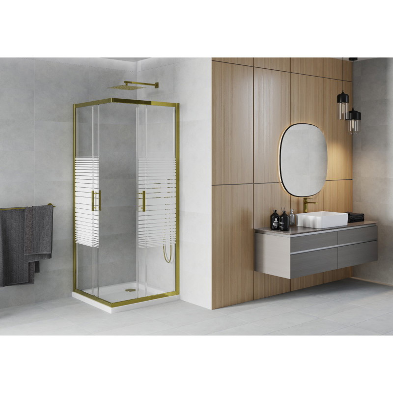 Mexen Rio Quadratische Duschkabine 80 x 80 cm, weiße Streifen, Gold + Duschwanne Flat, weiß - 860-080-080-50-20-4010G