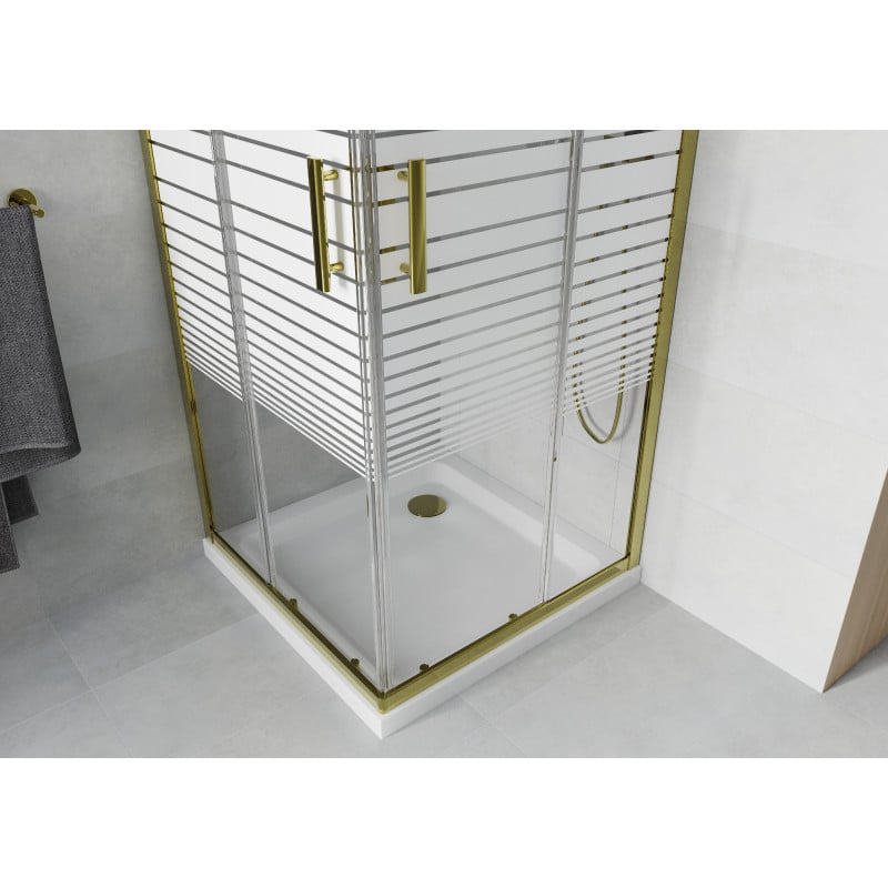 Mexen Rio Quadratische Duschkabine 80 x 80 cm, weiße Streifen, Gold + Duschwanne Flat, weiß - 860-080-080-50-20-4010G