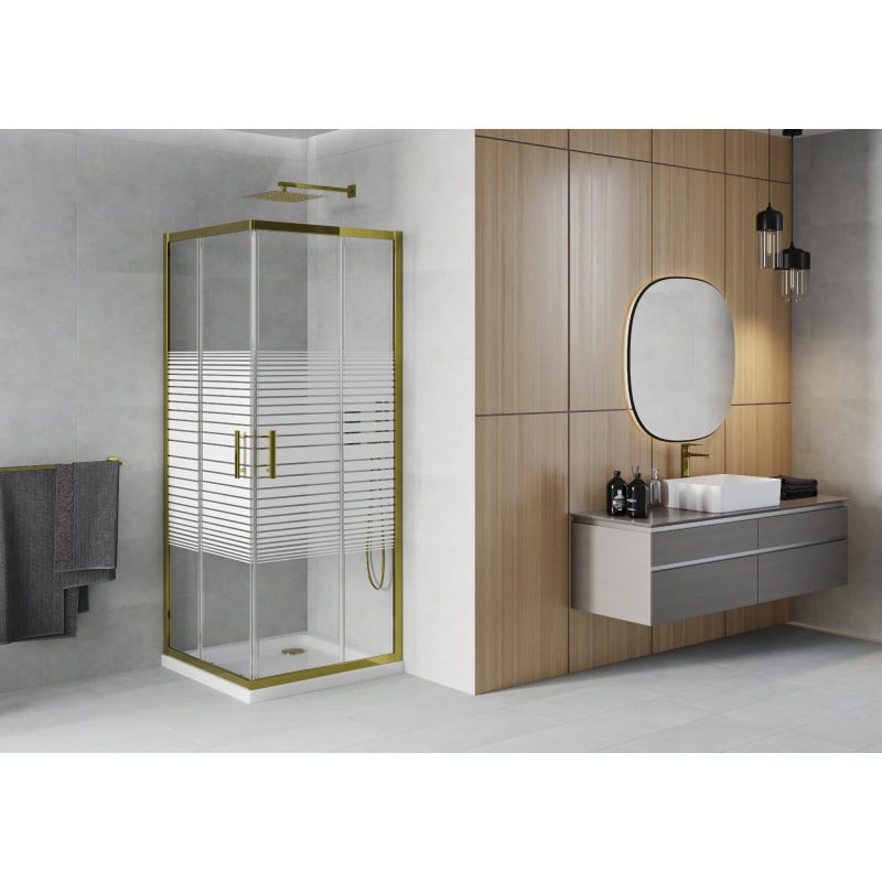 Mexen Rio Quadratische Duschkabine 80 x 80 cm, weiße Streifen, Gold + Duschwanne Flat, weiß - 860-080-080-50-20-4010G