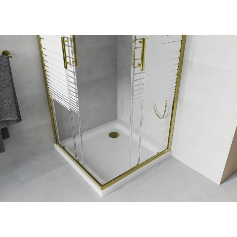 Mexen Rio Quadratische Duschkabine 80 x 80 cm, weiße Streifen, Gold + Duschwanne Flat, weiß - 860-080-080-50-20-4010G