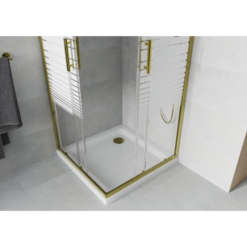 Mexen Rio Quadratische Duschkabine 90 x 90 cm, weiße Streifen, Gold + Duschwanne Flat, Weiß - 860-090-090-50-20-4010G