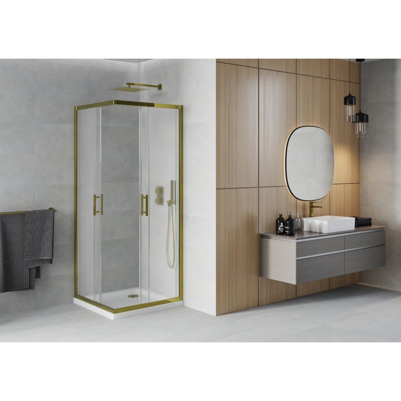 Mexen Rio quadratische Duschkabine 70 x 70 cm, mattiert, Gold + Duschwanne Flat, Weiß - 860-070-070-50-30-4010G