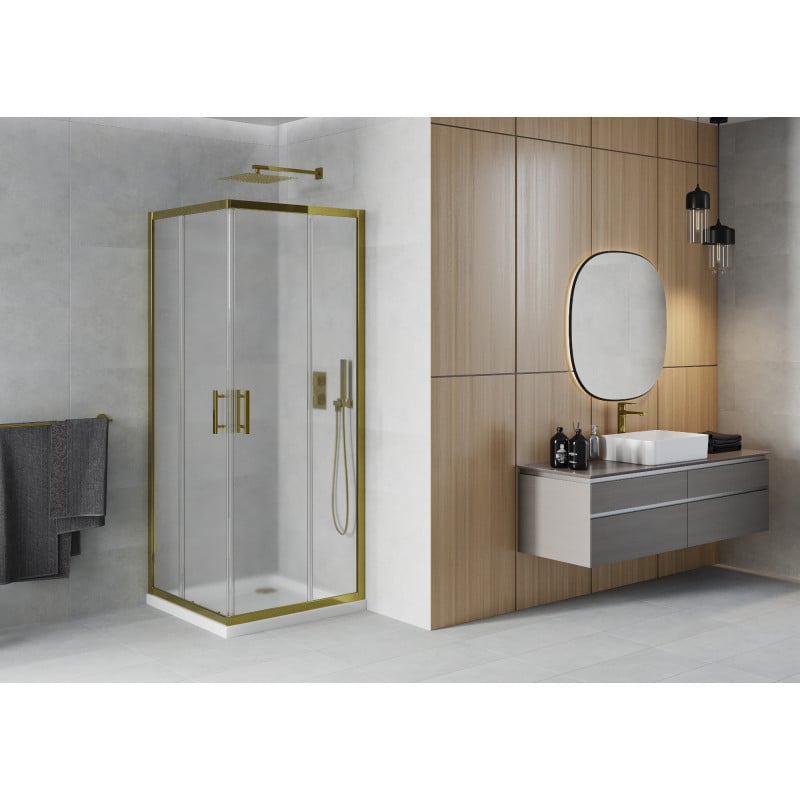 Mexen Rio quadratische Duschkabine 70 x 70 cm, mattiert, Gold + Duschwanne Flat, Weiß - 860-070-070-50-30-4010G