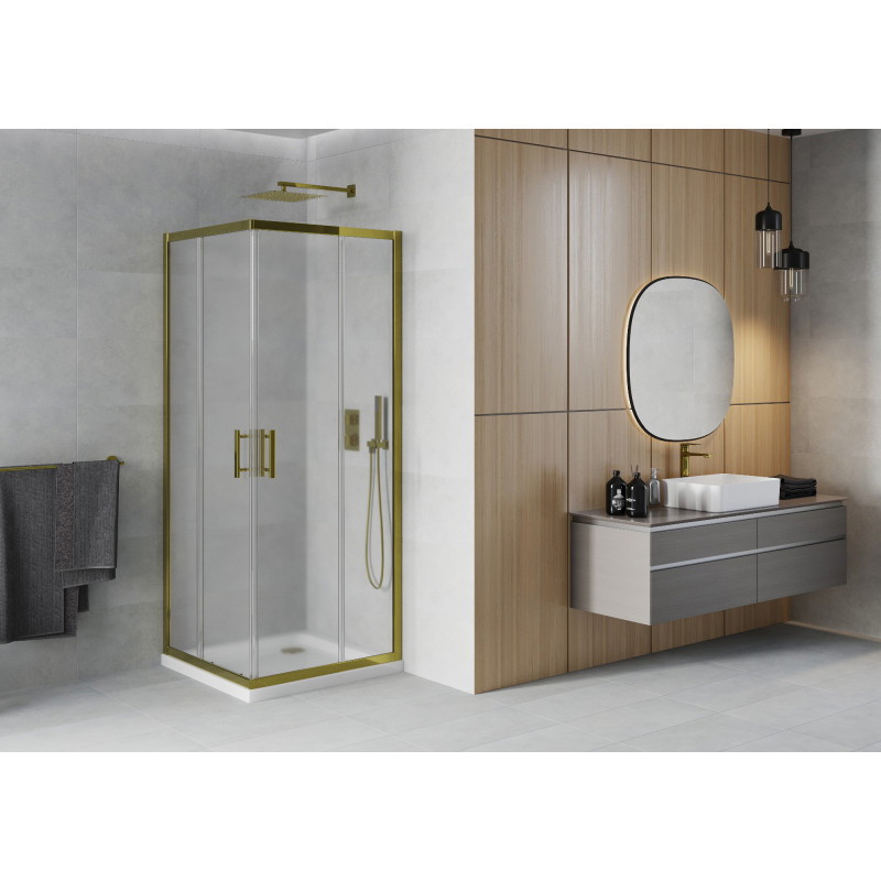 Mexen Rio quadratische Duschkabine 90 x 90 cm, Mattglas, Gold + Flat Duschwanne, Weiß - 860-090-090-50-30-4010G