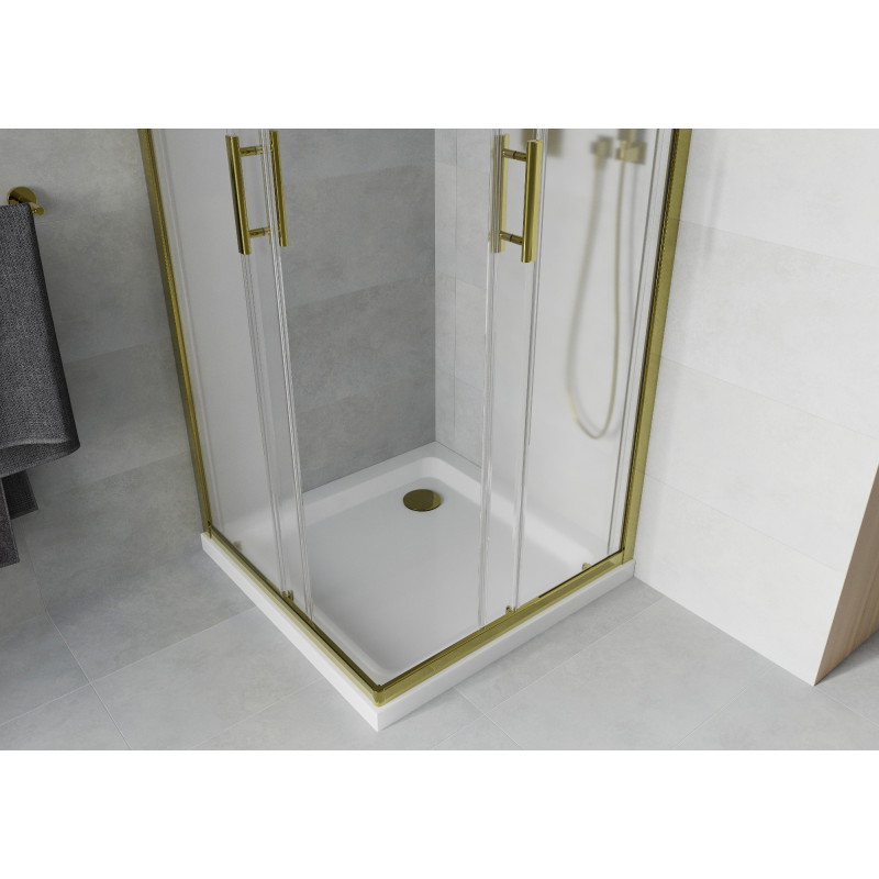 Mexen Rio quadratische Duschkabine 90 x 90 cm, Mattglas, Gold + Flat Duschwanne, Weiß - 860-090-090-50-30-4010G