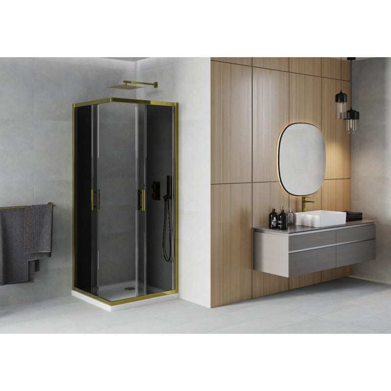 Mexen Rio quadratische Duschkabine 70 x 70 cm, Graphit, Gold + Flat Duschwanne, Weiß - 860-070-070-50-40-4010G