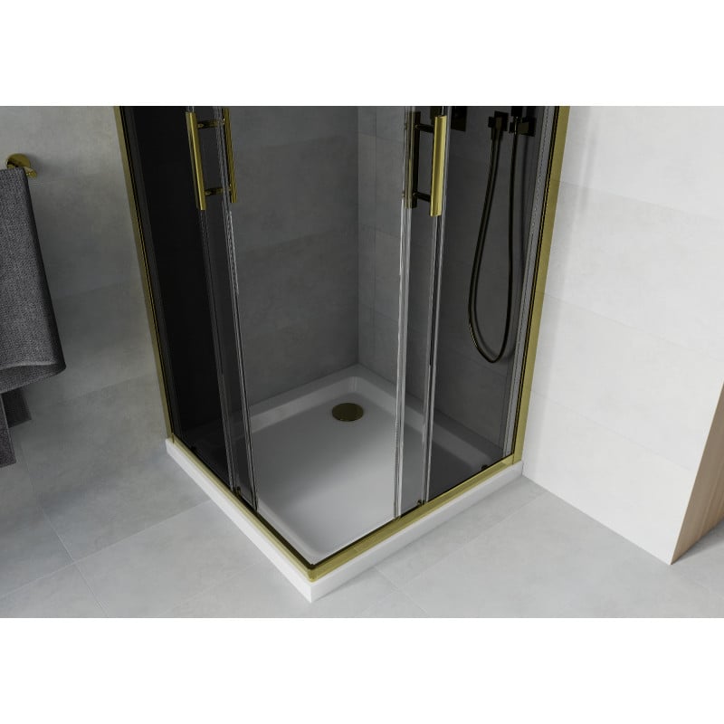 Mexen Rio quadratische Duschkabine 70 x 70 cm, Graphit, Gold + Flat Duschwanne, Weiß - 860-070-070-50-40-4010G