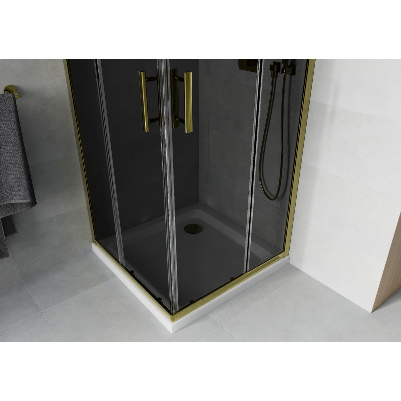 Mexen Rio Quadratische Duschkabine 80 x 80 cm, Grafit, Gold + Duschwanne Flat, Weiß - 860-080-080-50-40-4010G