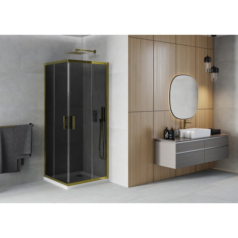 Mexen Rio quadratische Duschkabine 80 x 80 cm, Grafit, Gold + Flat Duschwanne, Weiß - 860-080-080-50-40-4010G