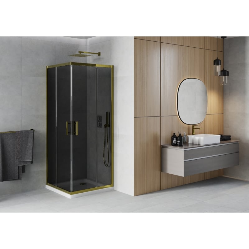 Mexen Rio Quadratische Duschkabine 80 x 80 cm, Graphit, Gold + Flat Duschwanne, Weiß - 860-080-080-50-40-4010G