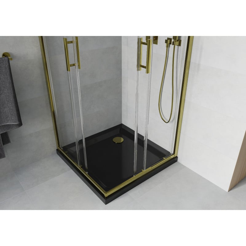 Mexen Rio quadratische Duschkabine 80 x 80 cm, transparent, gold + Flat Duschwanne, schwarz- 860-080-080-50-00-4070G