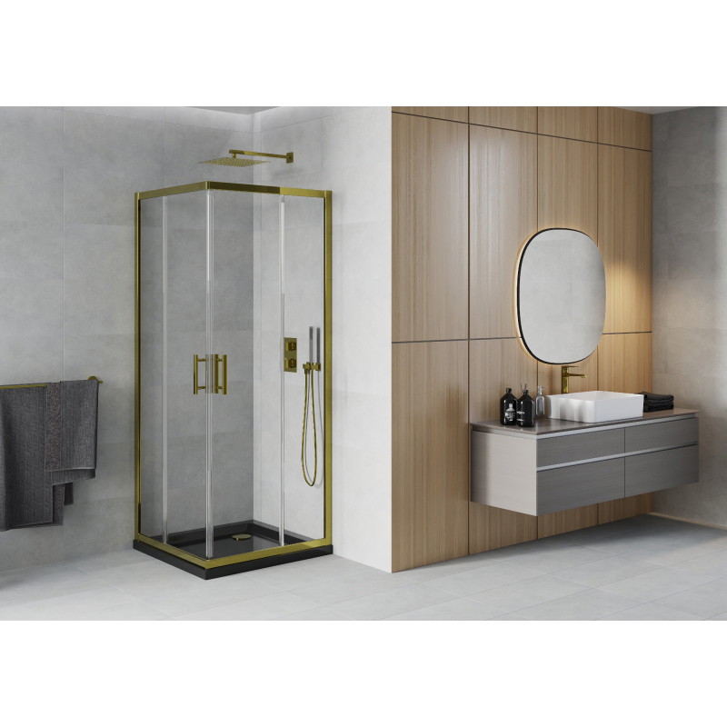 Mexen Rio quadratische Duschkabine 80 x 80 cm, transparent, golden + Duschwanne Flat, schwarz - 860-080-080-50-00-4070G