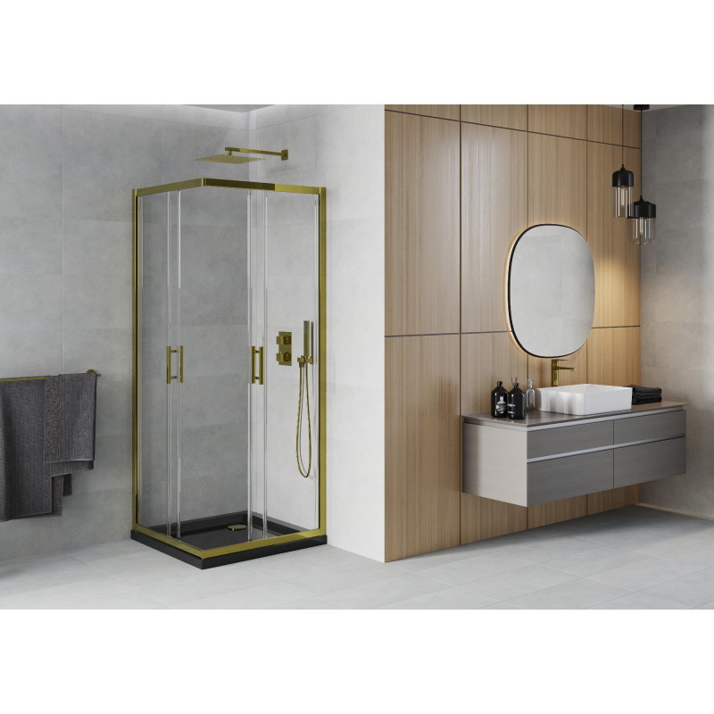 Mexen Rio quadratische Duschkabine 80 x 80 cm, transparent, golden + Duschwanne Flat, schwarz - 860-080-080-50-00-4070G