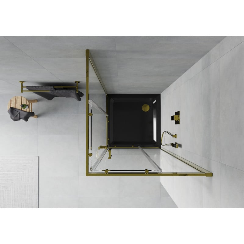 Mexen Rio quadratische Duschkabine 80 x 80 cm, transparent, gold + Flat Duschwanne, schwarz- 860-080-080-50-00-4070G
