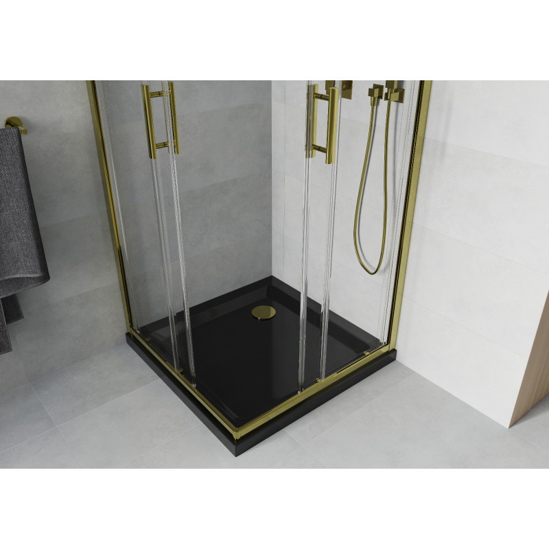 Mexen Rio quadratische Duschkabine 90 x 90 cm, transparent, gold + Flat Ablaufschale, schwarz- 860-090-090-50-00-4070G