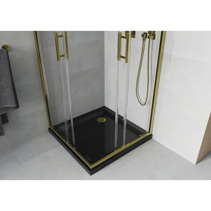 Mexen Rio quadratische Duschkabine 90 x 90 cm, transparent, gold + Flat Duschwanne, schwarz - 860-090-090-50-00-4070G