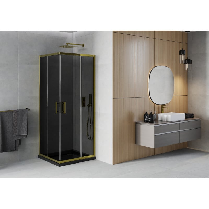 Mexen Rio quadratische Duschkabine 80 x 80 cm, grafit, gold + Flat Duschwanne, schwarz- 860-080-080-50-40-4070G
