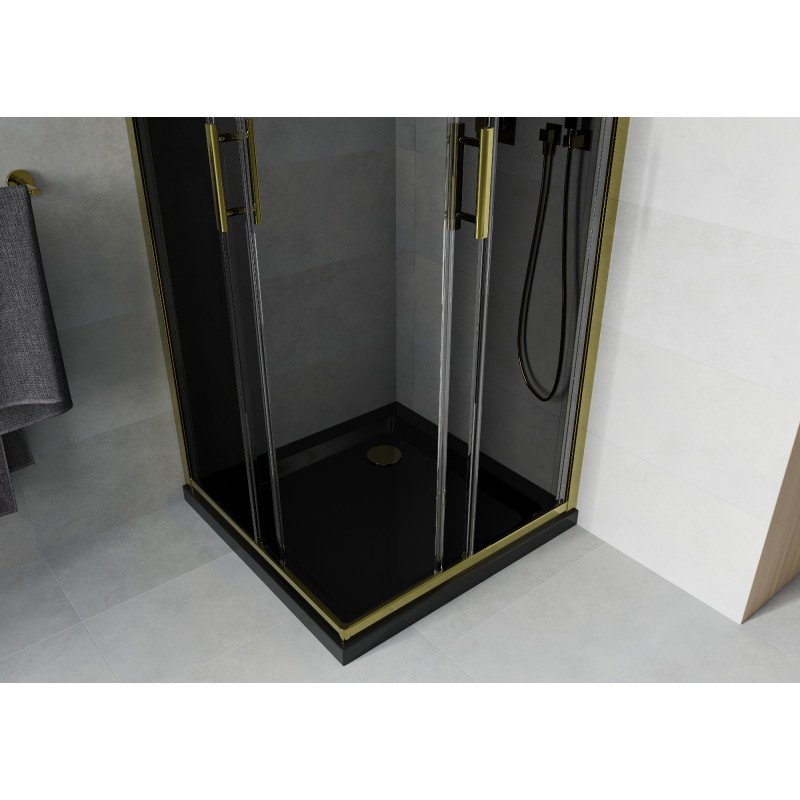 Mexen Rio Quadratische Duschkabine 80 x 80 cm, Graphit, Gold + Flat Duschwanne, Schwarz - 860-080-080-50-40-4070G