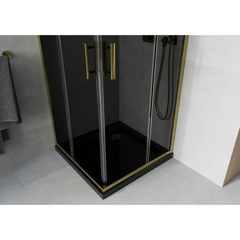 Mexen Rio quadratische Duschkabine 90 x 90 cm, Grafit, Gold + Flat-Duschwanne, Schwarz - 860-090-090-50-40-4070G