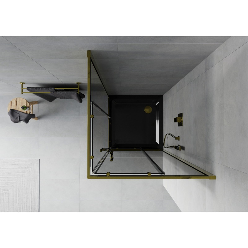 Mexen Rio quadratische Duschkabine 90 x 90 cm, Graphit, Gold + Flat-Duschwanne, Schwarz - 860-090-090-50-40-4070G