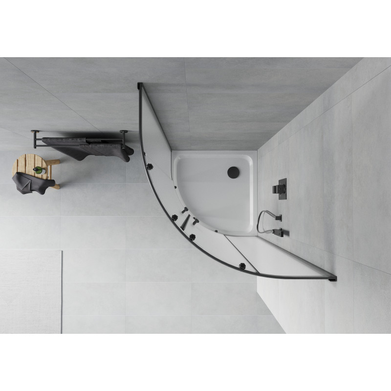 Mexen Rio halbkreisförmige Duschkabine 90 x 90 cm, Frost, schwarz + Duschwanne Flat, weiß - 863-090-090-70-30-4110B