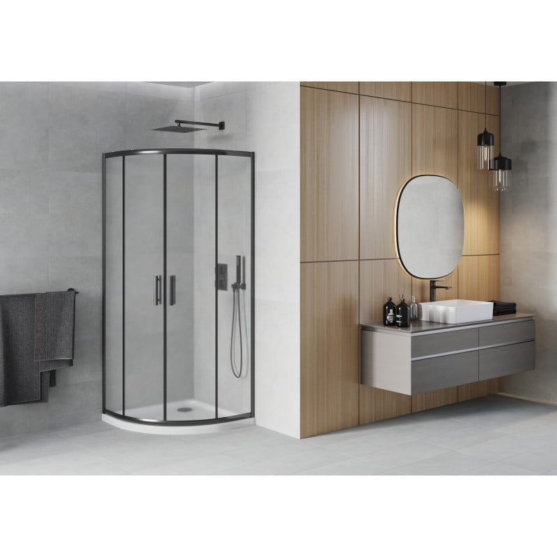 Mexen Rio Duschkabine halbrund 90 x 90 cm, matt, schwarz + Flat-Duschwanne, weiß - 863-090-090-70-30-4110B