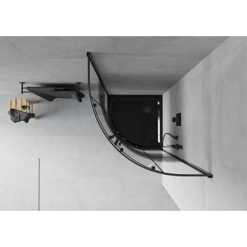 Mexen Rio Halbrunde Duschkabine 80 x 80 cm, schwarze Streifen, schwarz + Flat Duschwanne, schwarz - 863-080-080-70-20-4170B