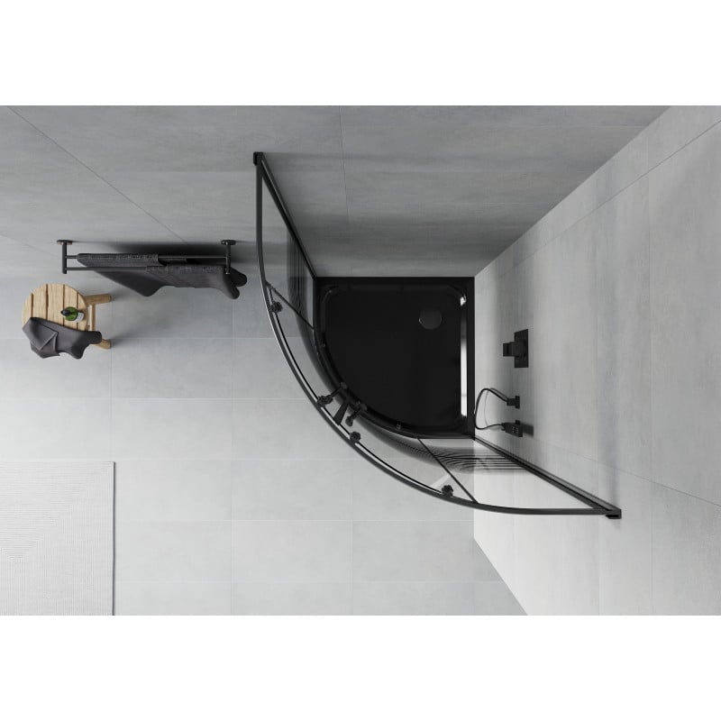 Mexen Rio Halbrunde Duschkabine 90 x 90 cm, schwarze Streifen, schwarz + Flat Duschwanne, schwarz - 863-090-090-70-20-4170B