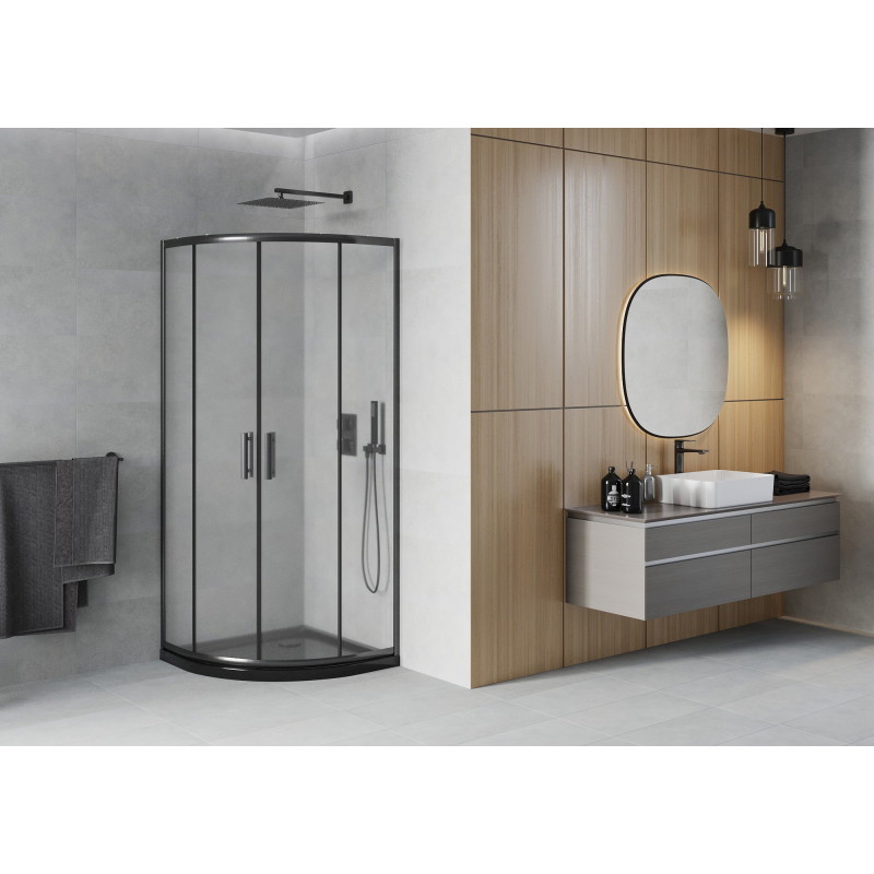 Mexen Rio Halbrunde Duschkabine 80 x 80 cm, Mattglas, Schwarz + Flat Duschwanne, Schwarz - 863-080-080-70-30-4170B