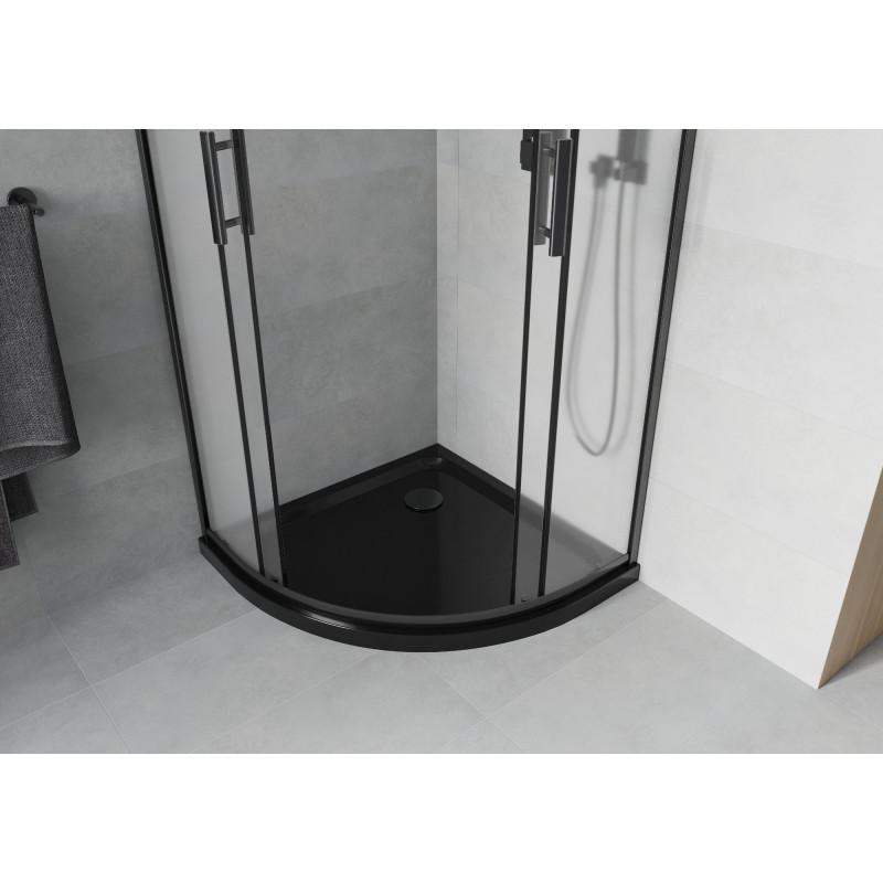 Mexen Rio Halbrunde Duschkabine 90 x 90 cm, Satinglas, schwarz + Flat Duschwanne, schwarz - 863-090-090-70-30-4170B