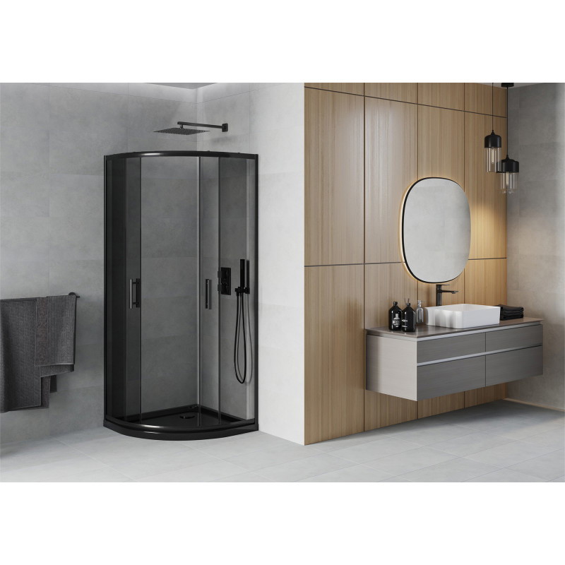 Mexen Rio Duschkabine halbrund 80 x 80 cm, Grafit, Schwarz + Duschwanne Flat, Schwarz 863-080-080-70-40-4170B