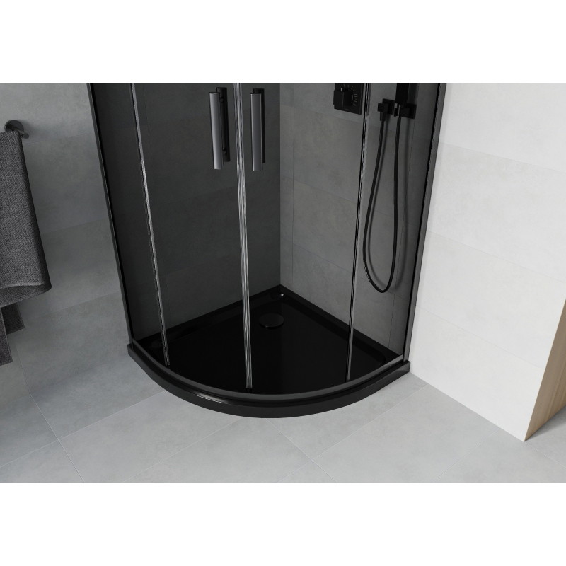 Mexen Rio Halbkreis-Duschkabine 80 x 80 cm, Graphit, Schwarz + Flat Duschwanne, Schwarz - 863-080-080-70-40-4170B
