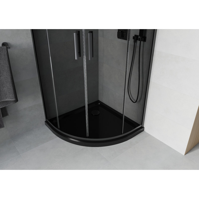 Mexen Rio Halbrunde Duschkabine 80 x 80 cm, Graphit, Schwarz + Duschwanne Flat, Schwarz - 863-080-080-70-40-4170B
