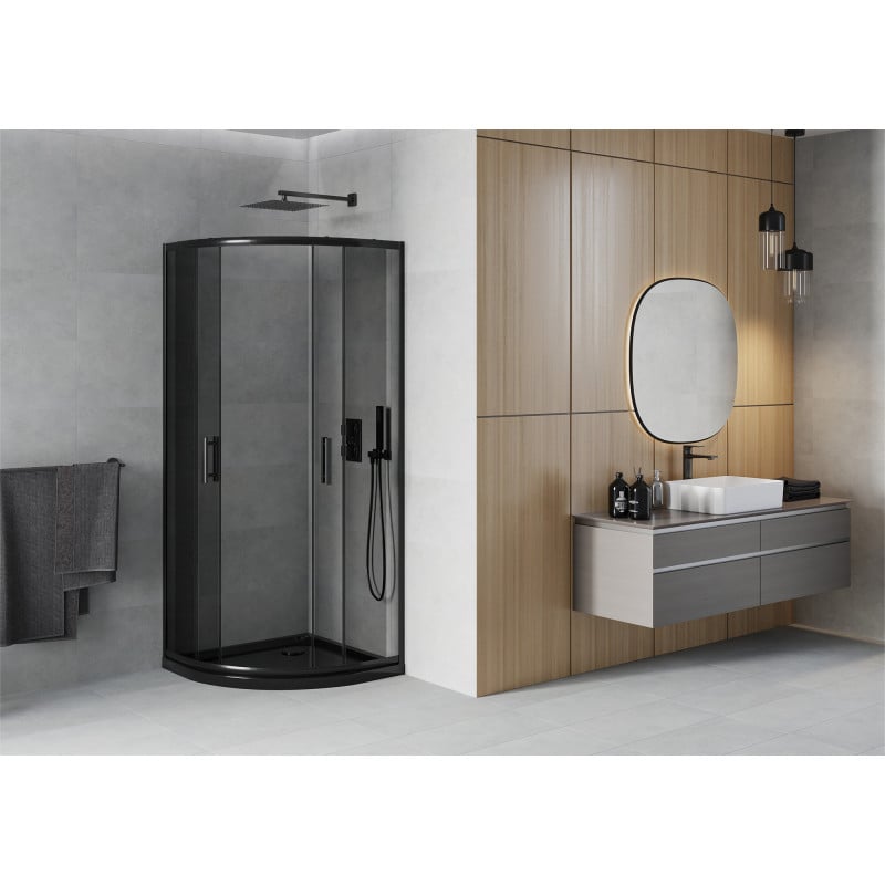 Mexen Rio Duschkabine halbrund 90 x 90 cm, grafit, schwarz + Duschwanne Flat, schwarz - 863-090-090-70-40-4170B