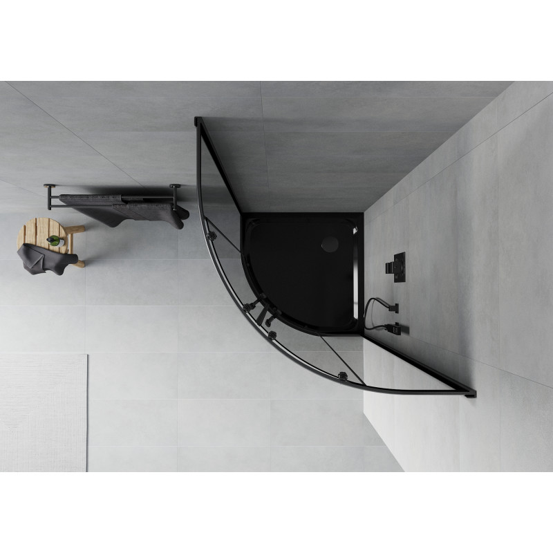 Mexen Rio Duschkabine halbrund 90 x 90 cm, grafit, schwarz + Duschwanne Flat, schwarz - 863-090-090-70-40-4170B